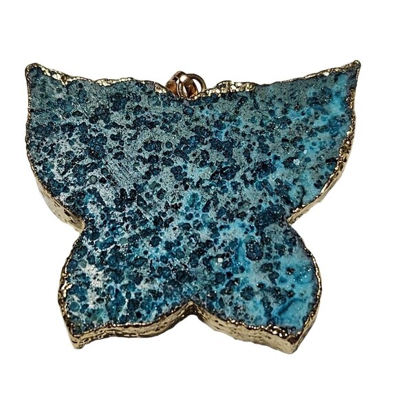 Handmade Boho Blue Agate Druzy Butterfly Pendant Gold Tone Trim Jewelry Crafting - Picture 1 of 4